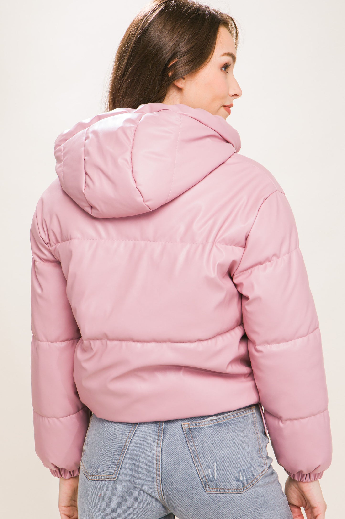 Pu Faux Leather Hooded Puffer Jacket