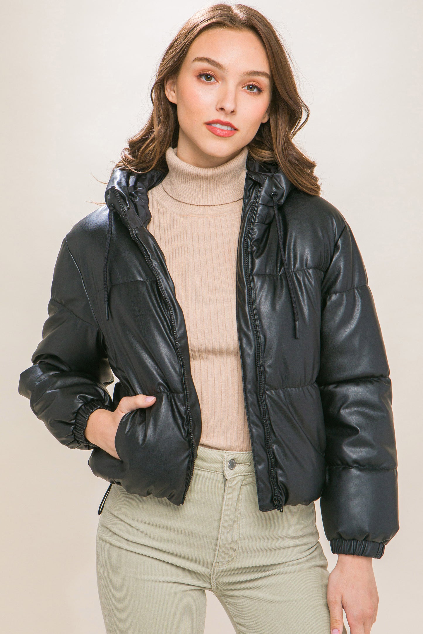 Pu Faux Leather Hooded Puffer Jacket