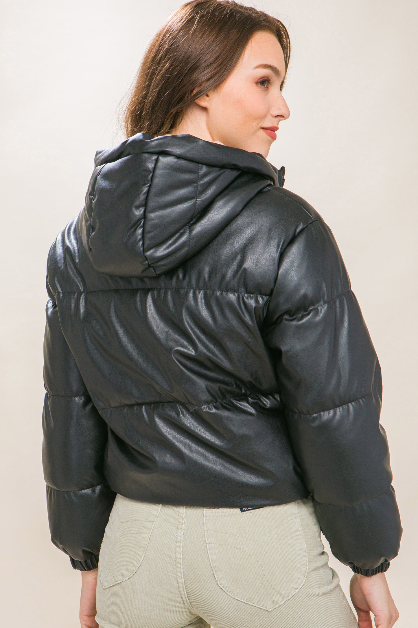 Pu Faux Leather Hooded Puffer Jacket