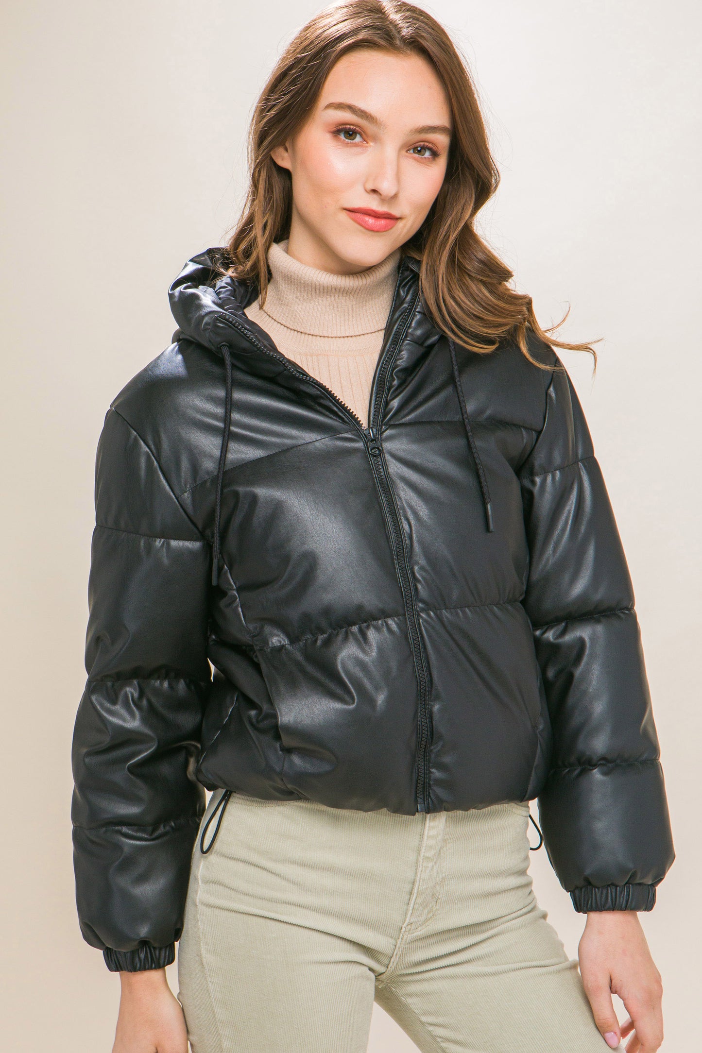 Pu Faux Leather Hooded Puffer Jacket