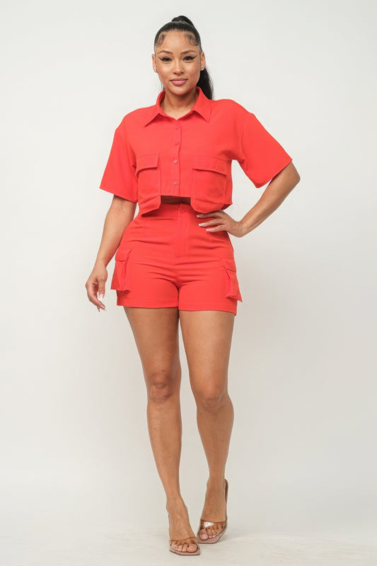 Button Down Side Pockets Top And Shorts Set