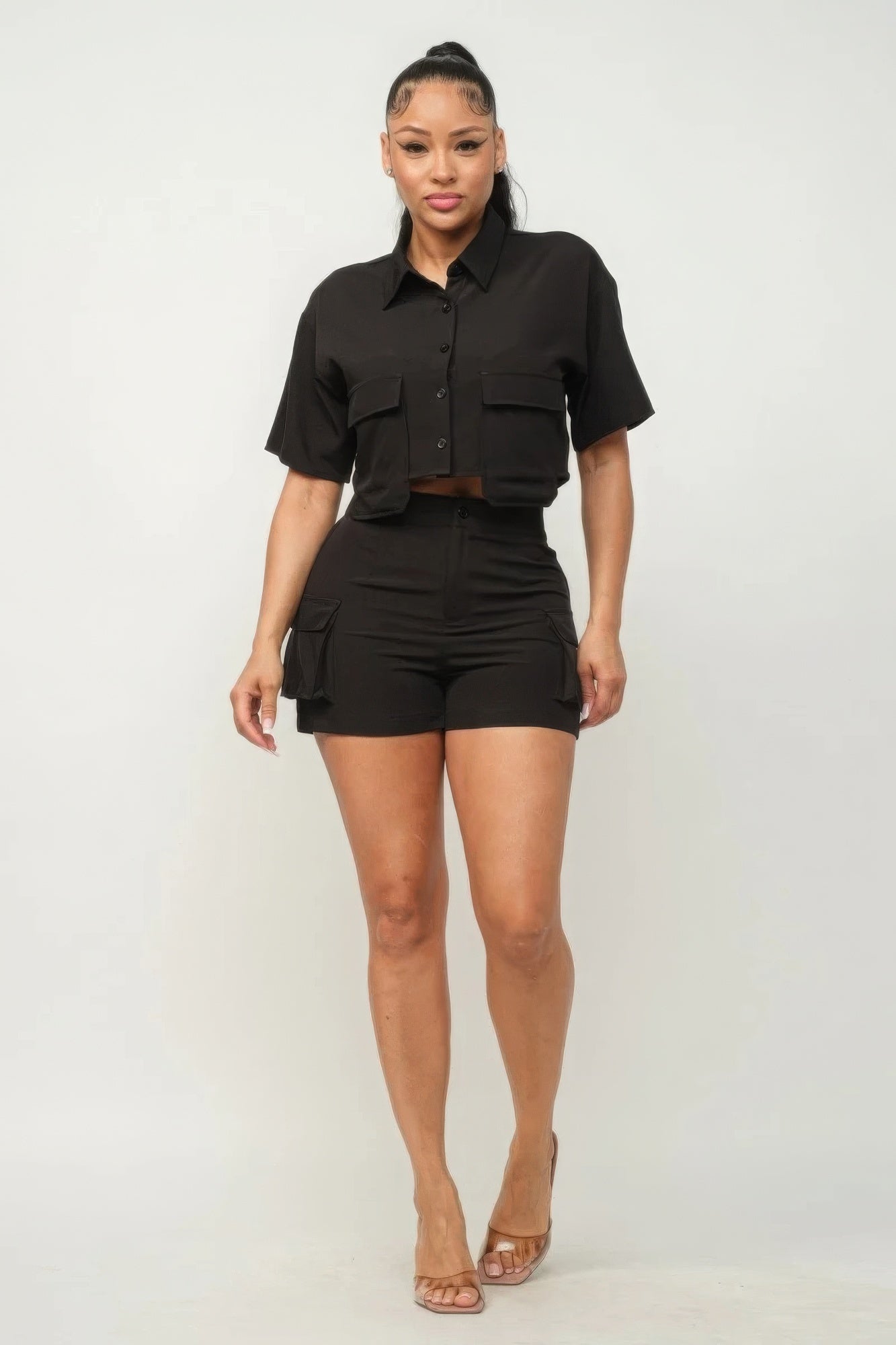 Button Down Side Pockets Top And Shorts Set