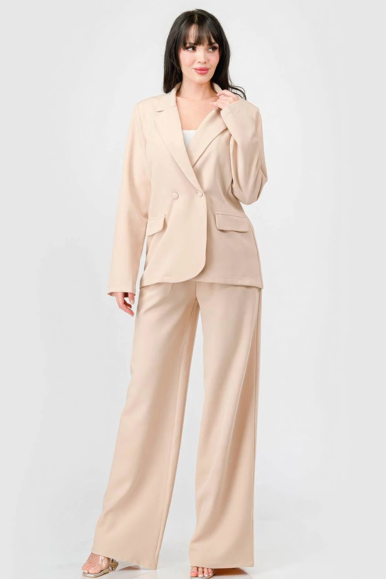 Stretch Loose Fit Blazer And Wide Legs Pants Set