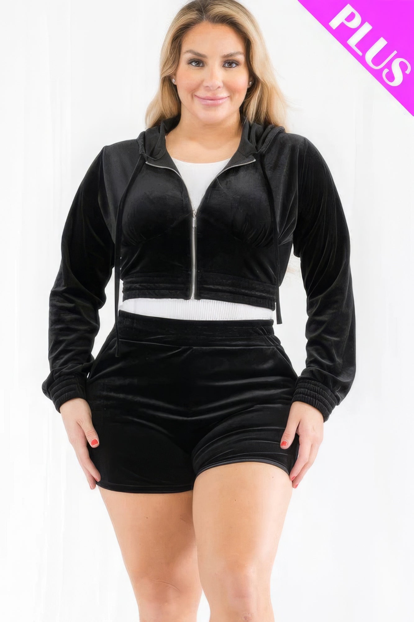 Plus Size Velour Hoodie Shorts Set