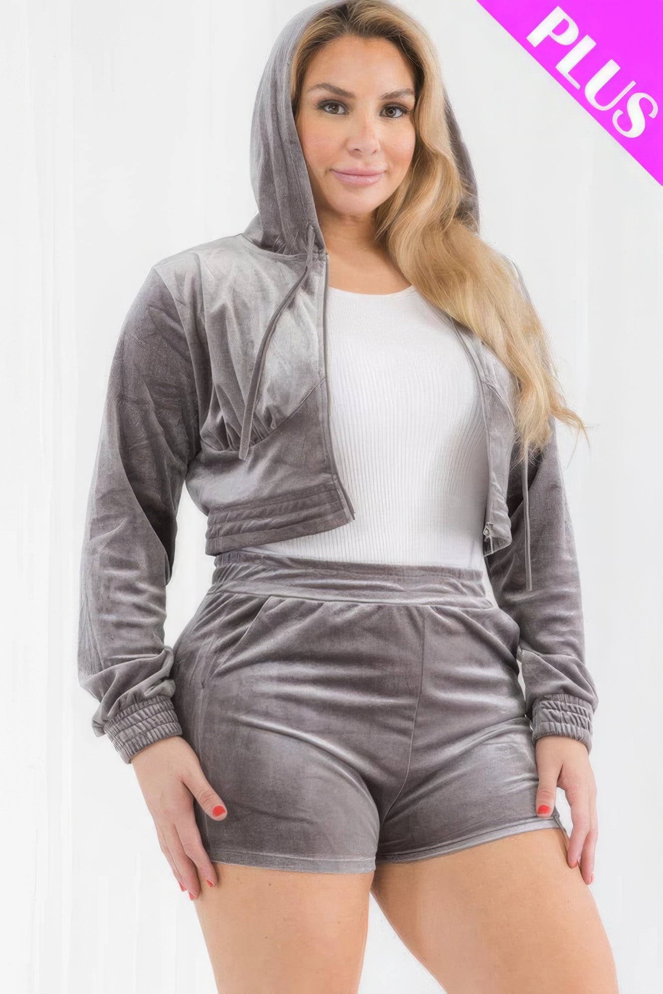 Plus Size Velour Hoodie Shorts Set