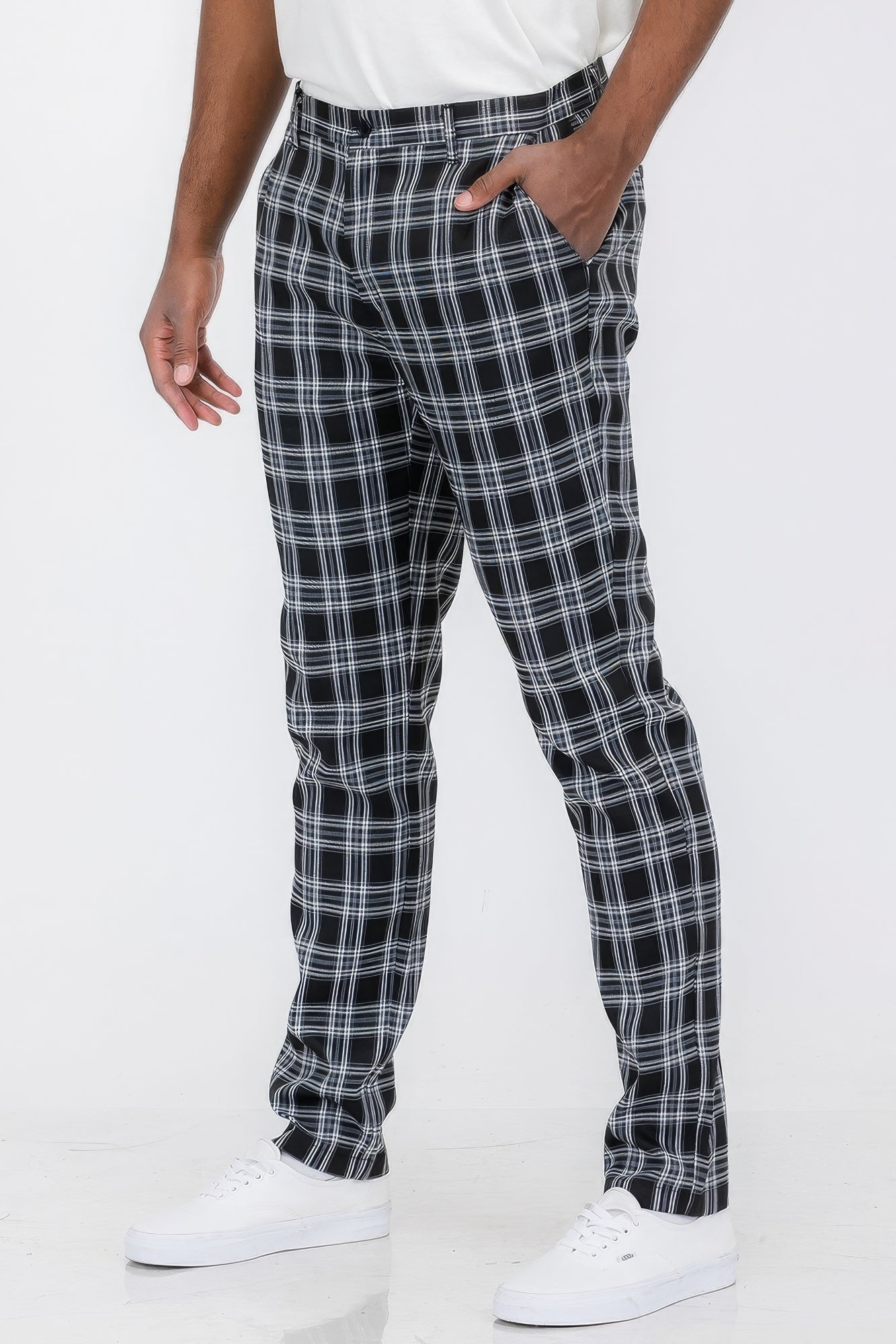 Men Blk/Wht Plaid Trouser Pants