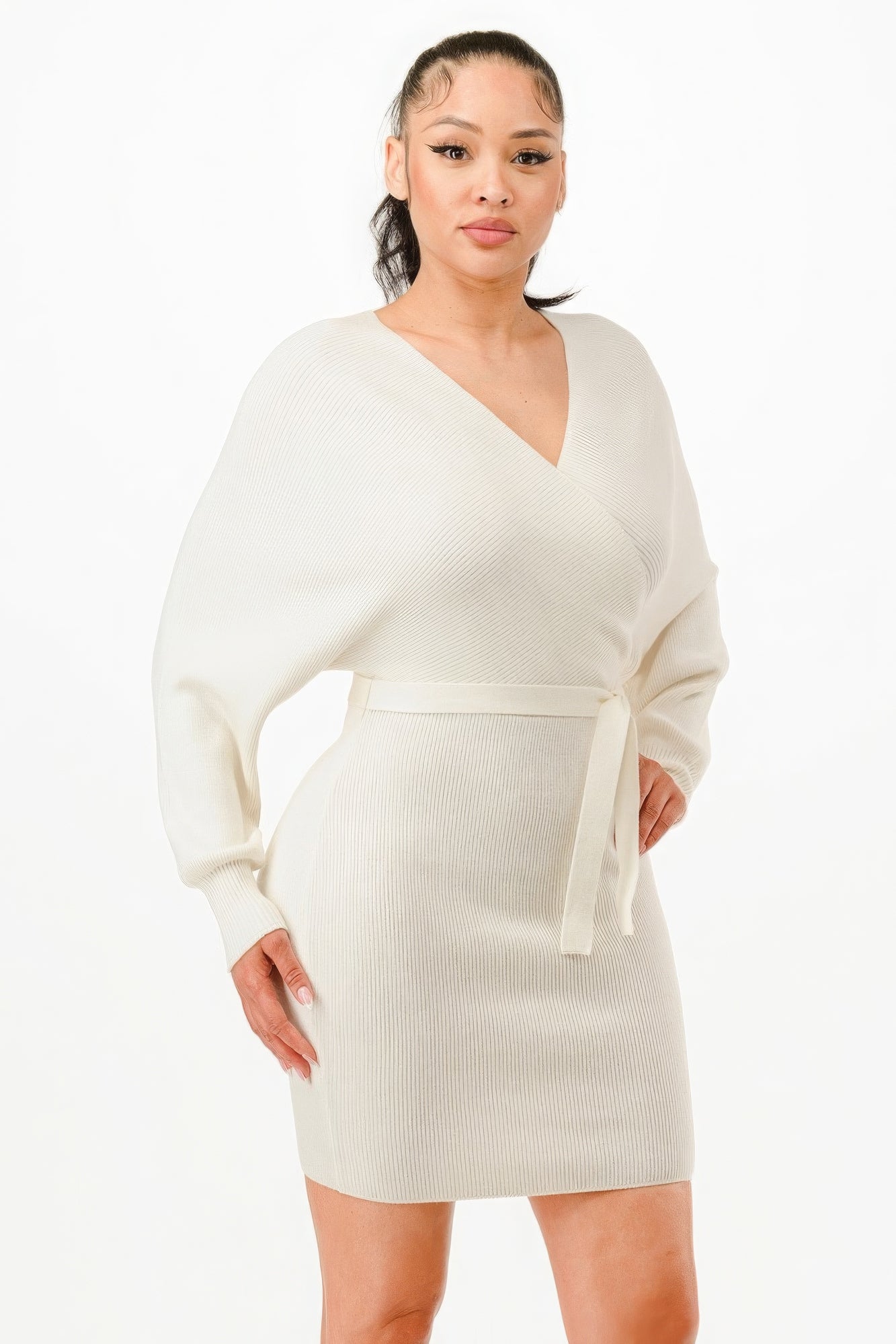 Off Shoulder Wraped Ribbed Sweather Dress