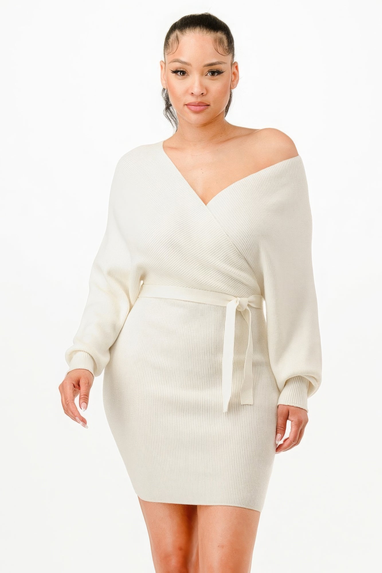 Off Shoulder Wraped Ribbed Sweather Dress