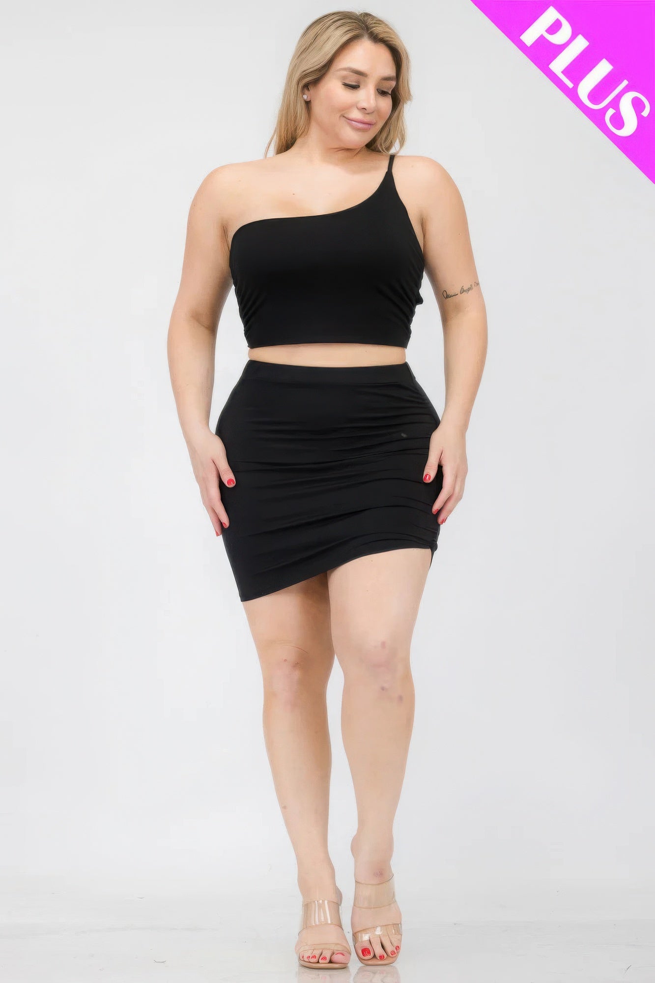 Plus Size One Shoulder Crop Top & Mini Skirt Set