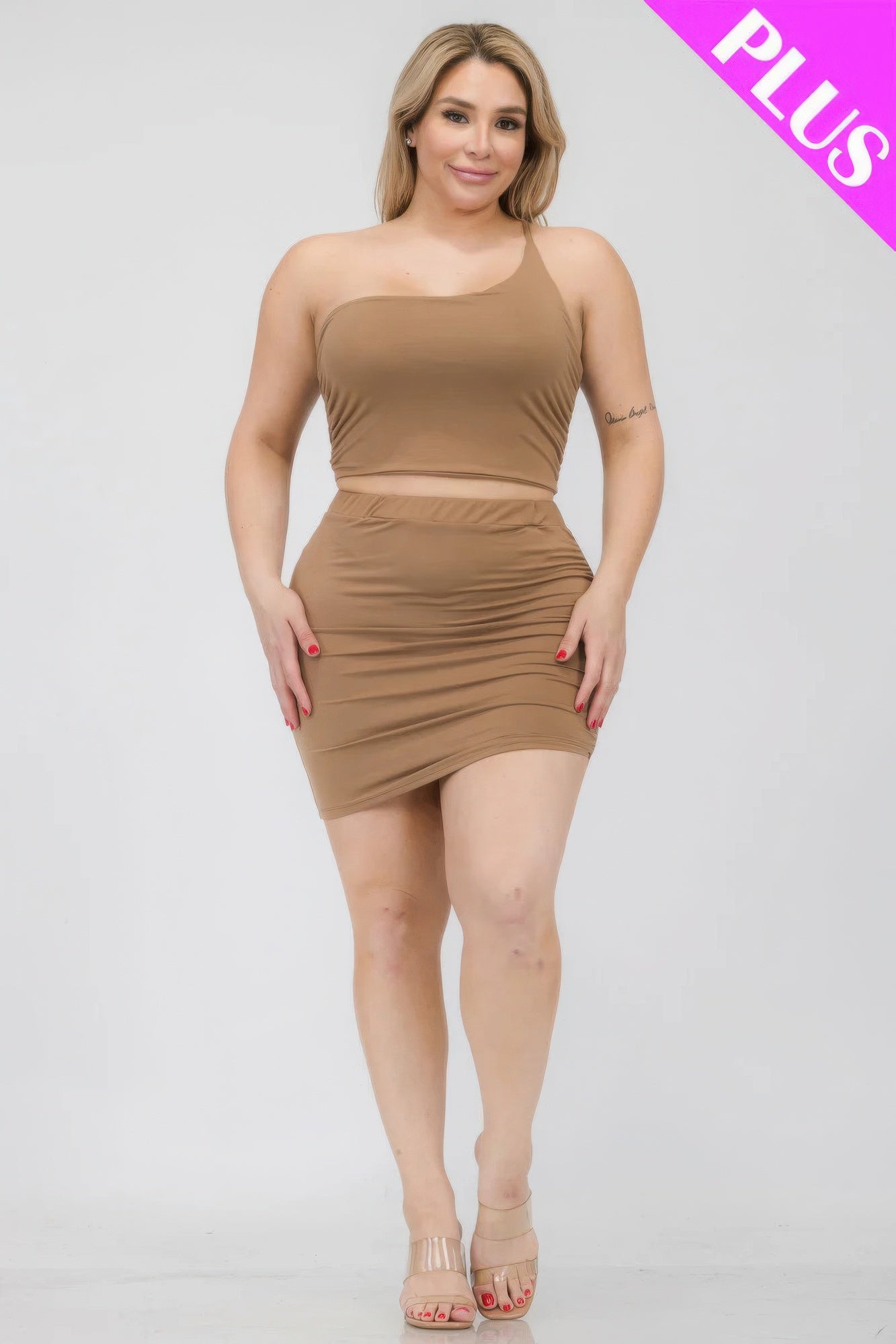 Plus Size One Shoulder Crop Top & Mini Skirt Set