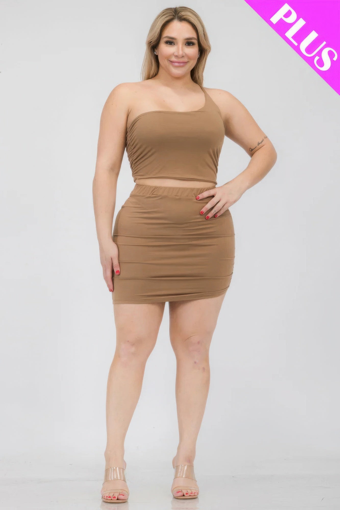 Plus Size One Shoulder Crop Top & Mini Skirt Set