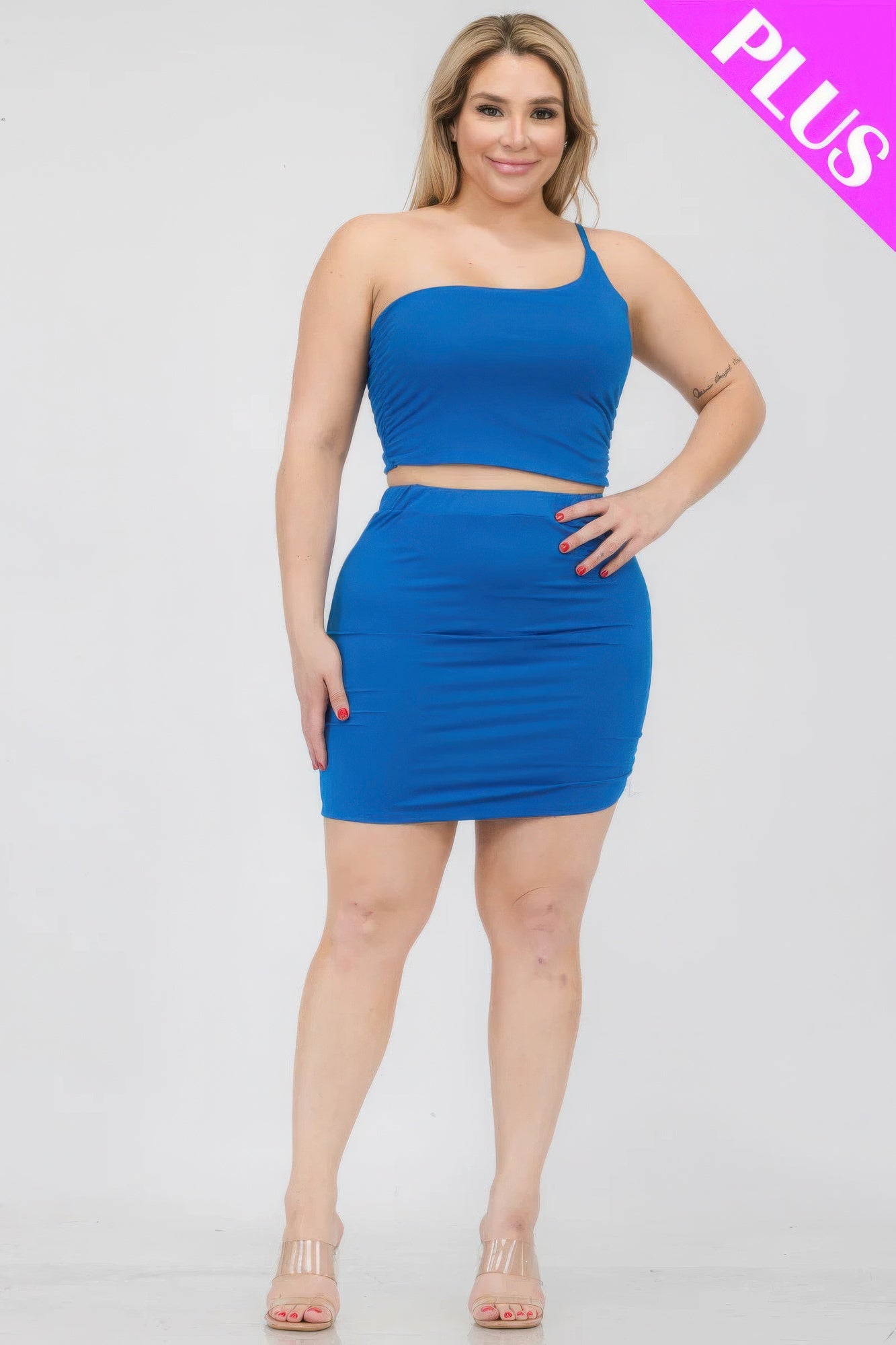 Plus Size One Shoulder Crop Top & Mini Skirt Set