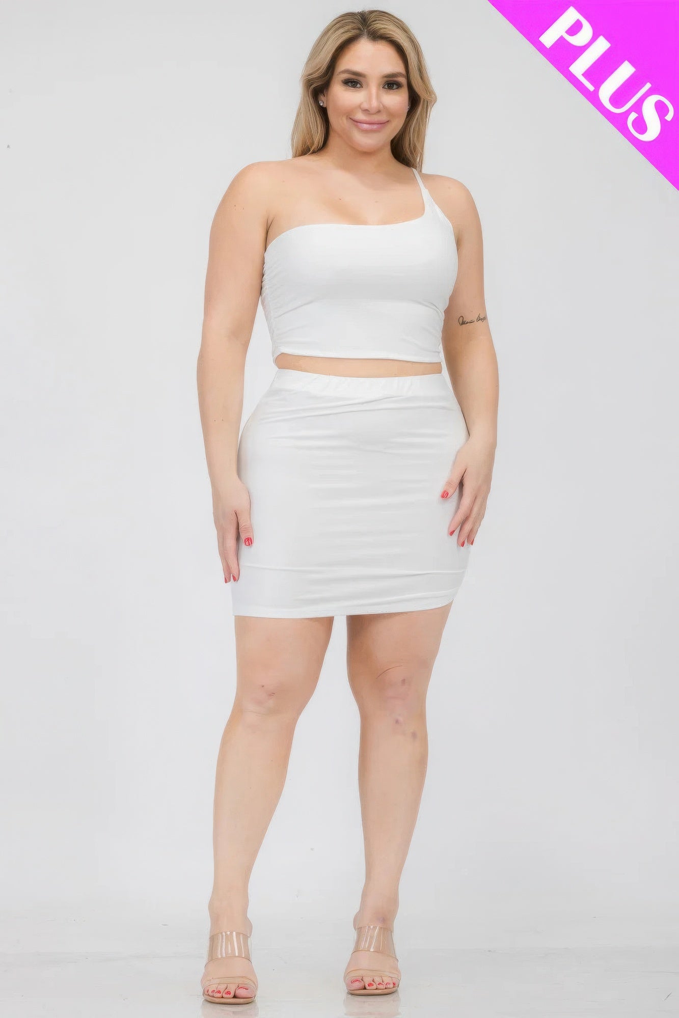 Plus Size One Shoulder Crop Top & Mini Skirt Set