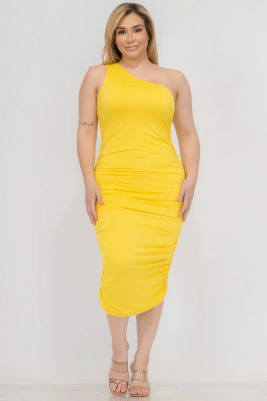 Plus Size Sexy Ruched One Shoulder Midi Bodycon Dress