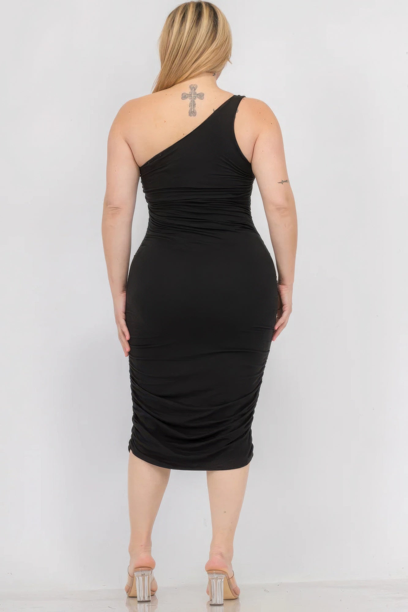 Plus Size Sexy Ruched One Shoulder Midi Bodycon Dress