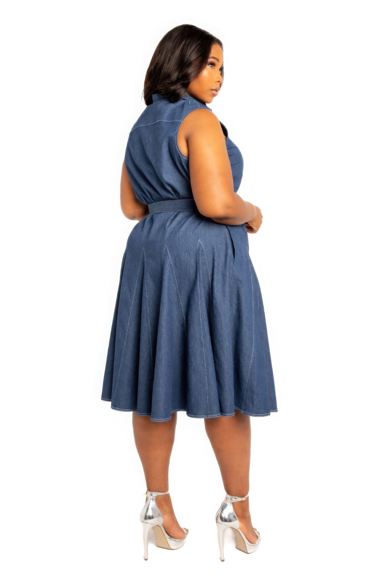 Plus Size Contrast stitch denim shirt dress with belt