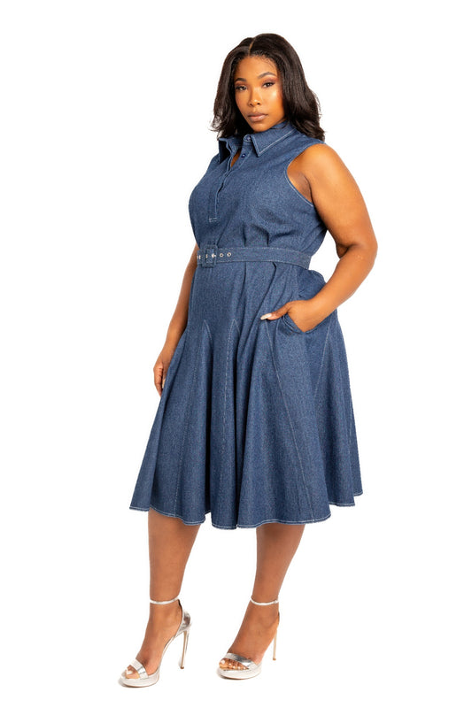 Plus Size Contrast stitch denim shirt dress with belt