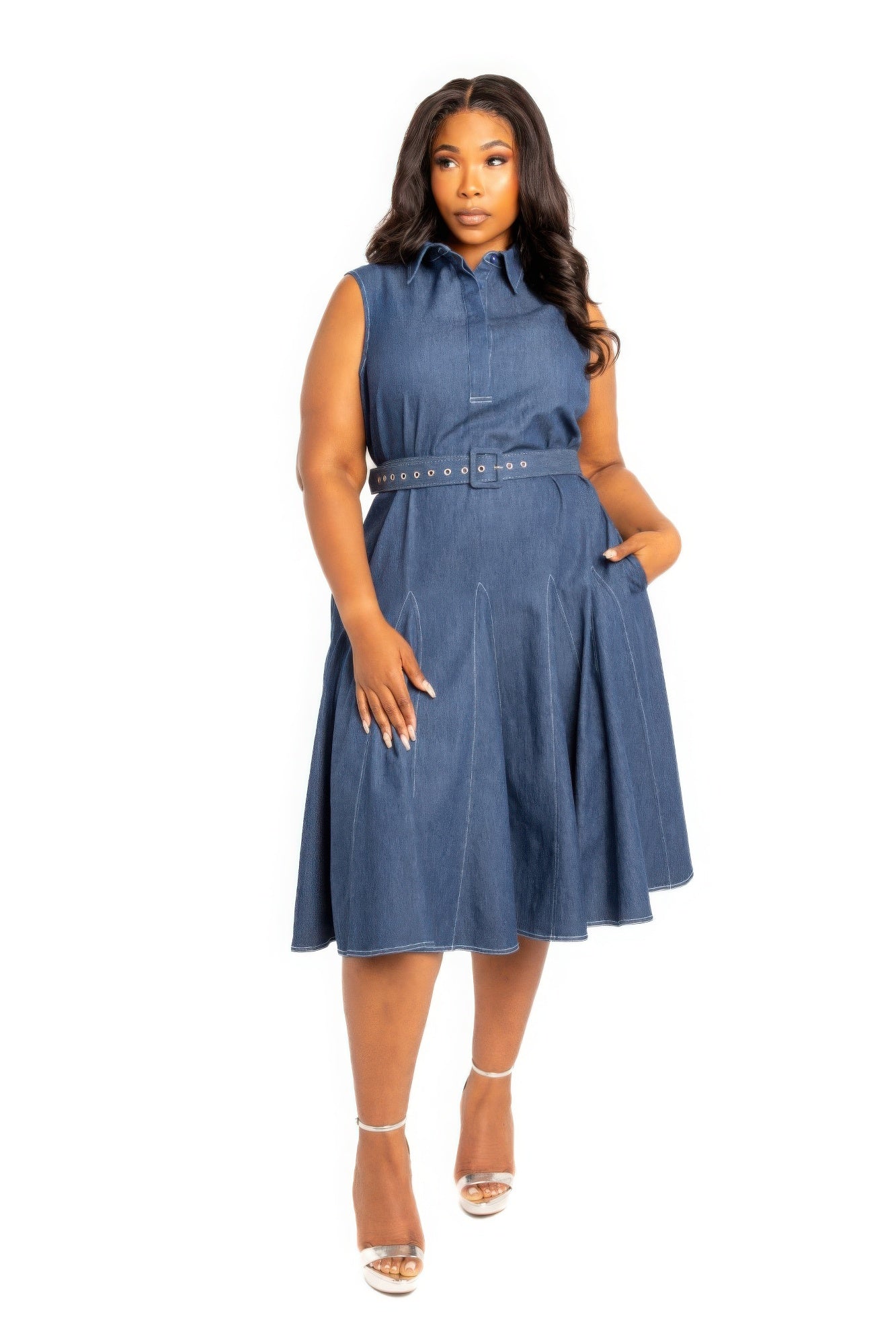 Plus Size Contrast stitch denim shirt dress with belt