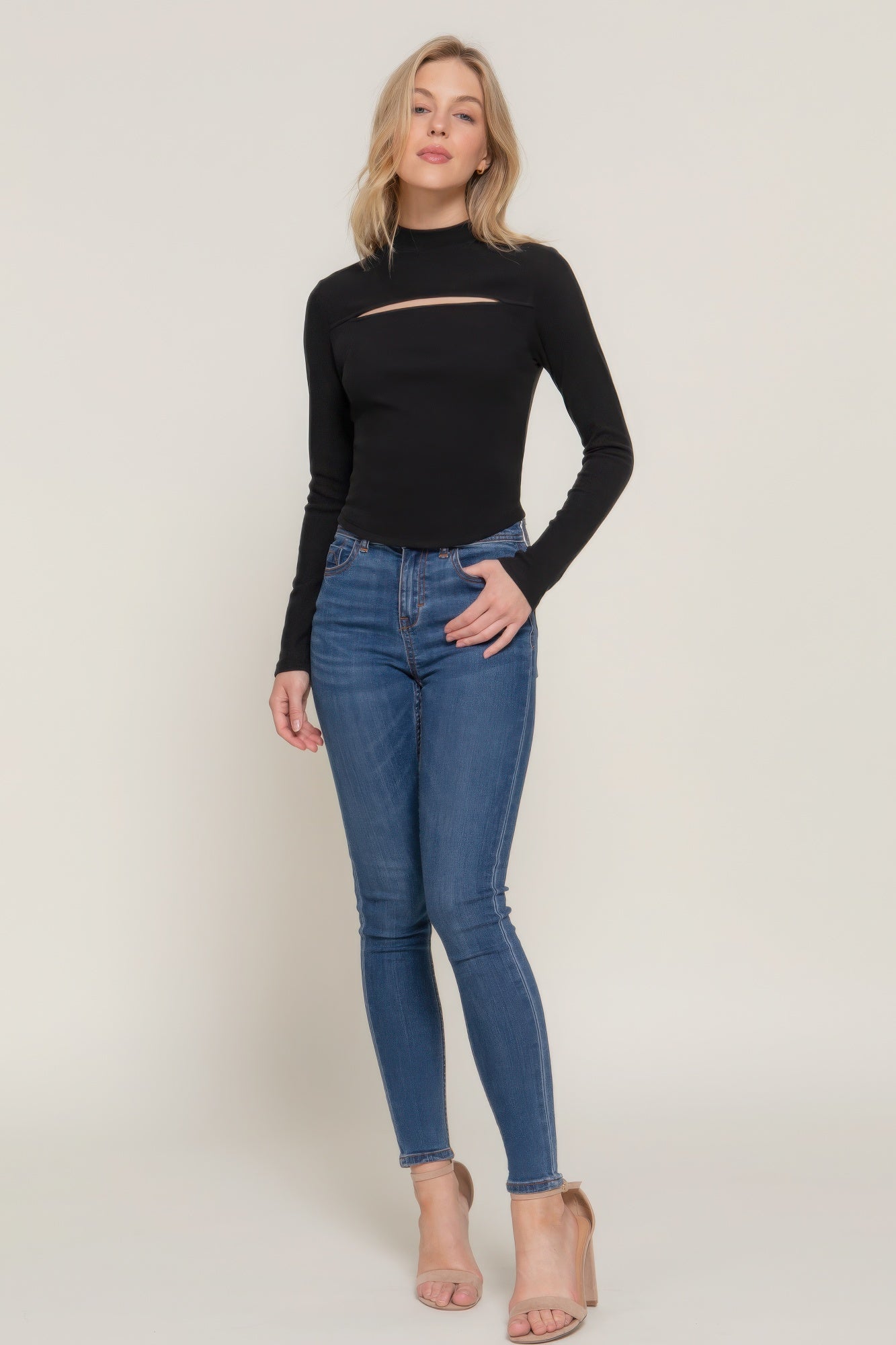 Long slv mock neck rib knit top