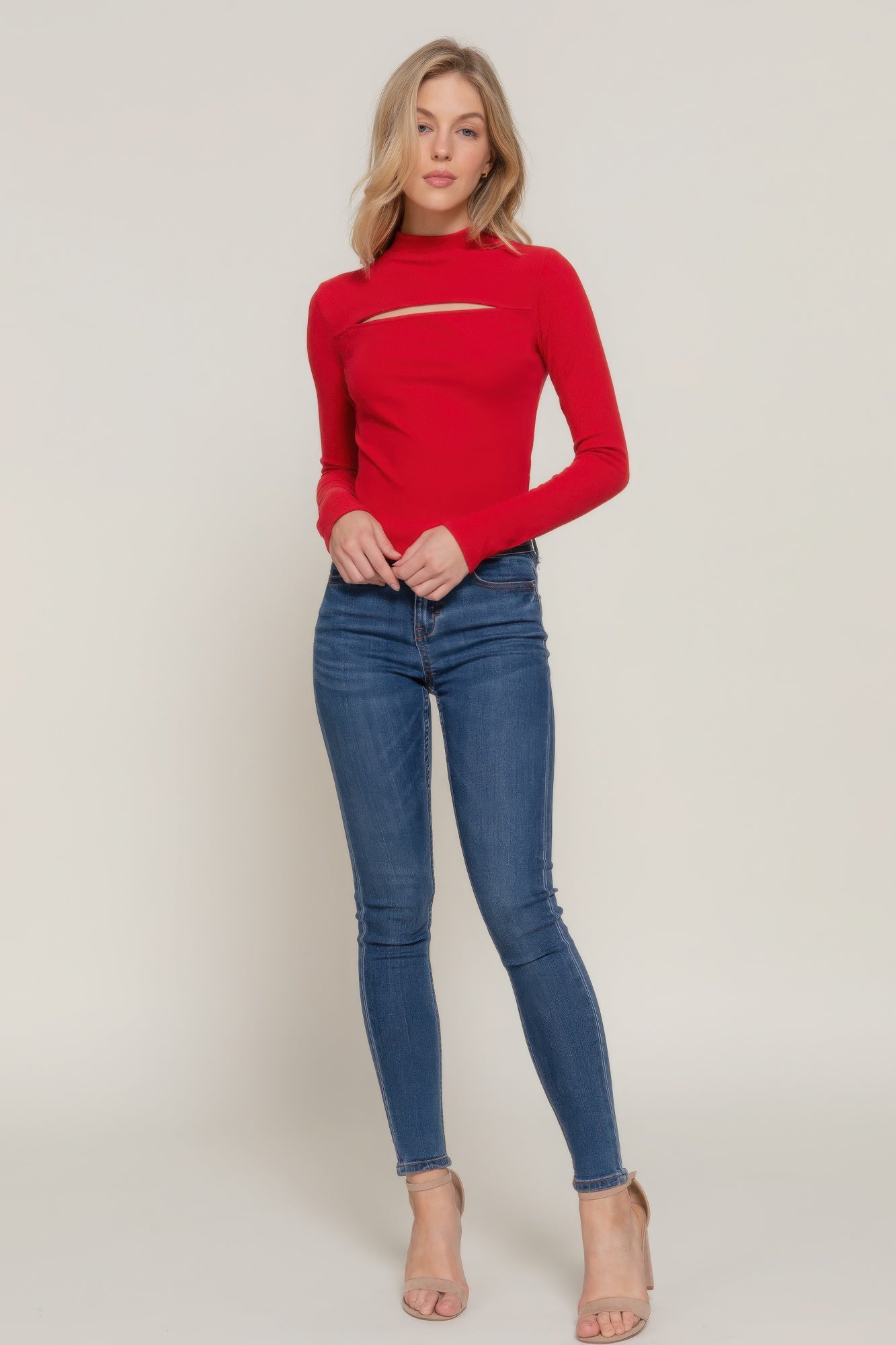 Long slv mock neck rib knit top