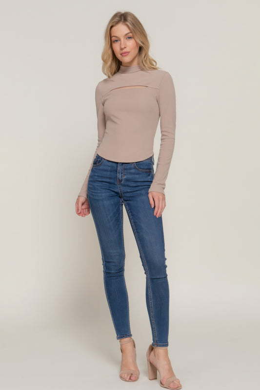 Long slv mock neck rib knit top