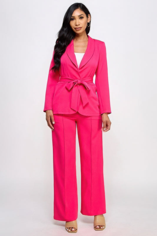 Tie Waste Blazer With Wide Leg Pants