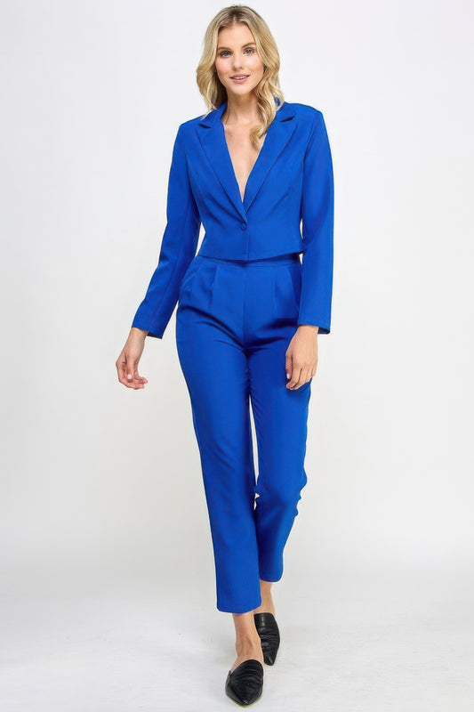 Single Button Crop Blazer With Tailored Pants