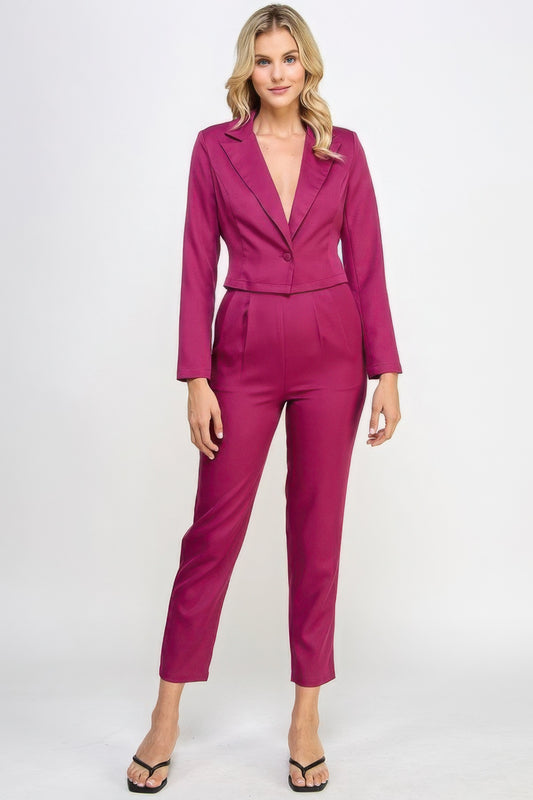 Single Button Crop Blazer With Tailored Pants