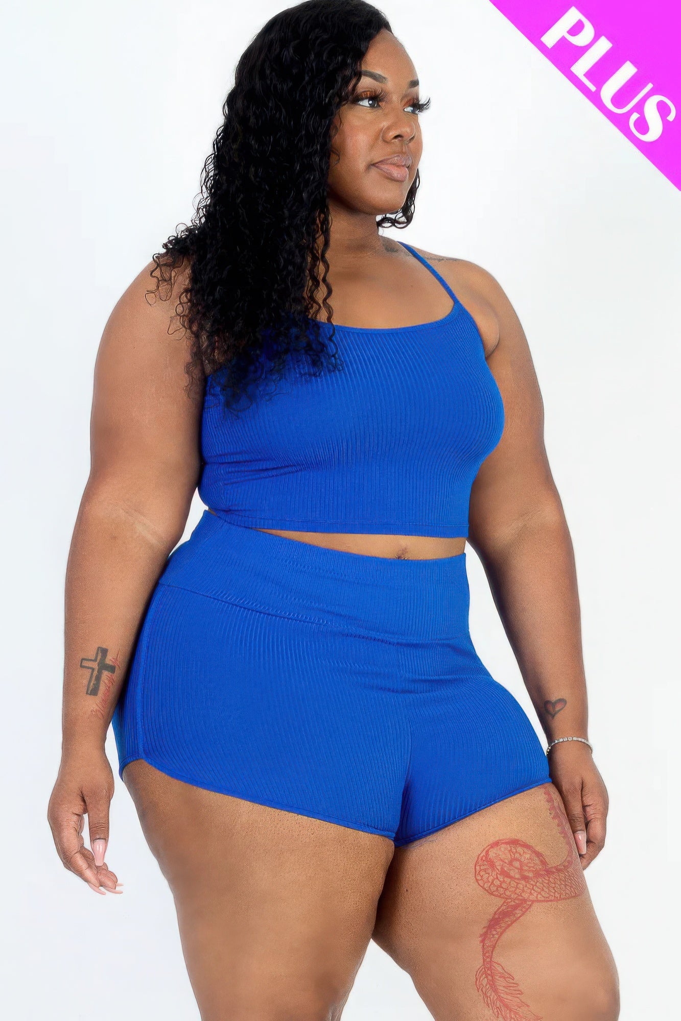 Plus Size Ribbed Crop Top & Ruched Shorts Set