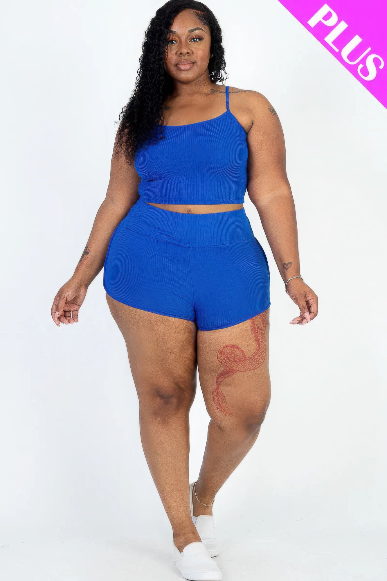 Plus Size Ribbed Crop Top & Ruched Shorts Set