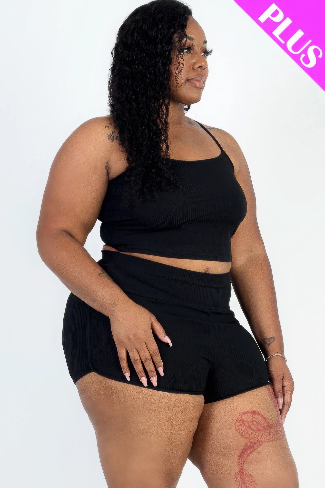 Plus Size Ribbed Crop Top & Ruched Shorts Set