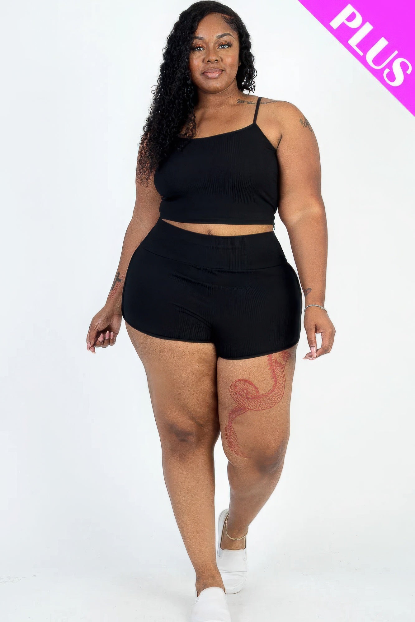 Plus Size Ribbed Crop Top & Ruched Shorts Set