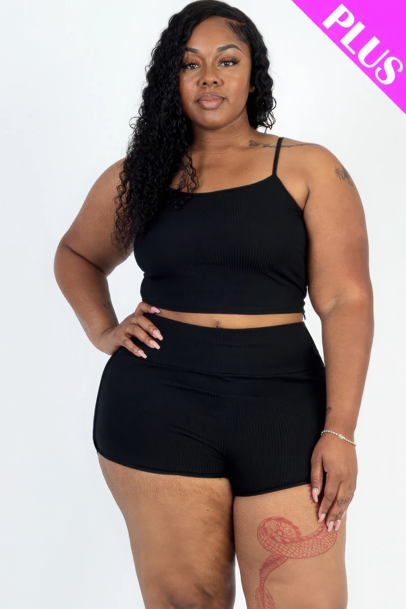 Plus Size Ribbed Crop Top & Ruched Shorts Set