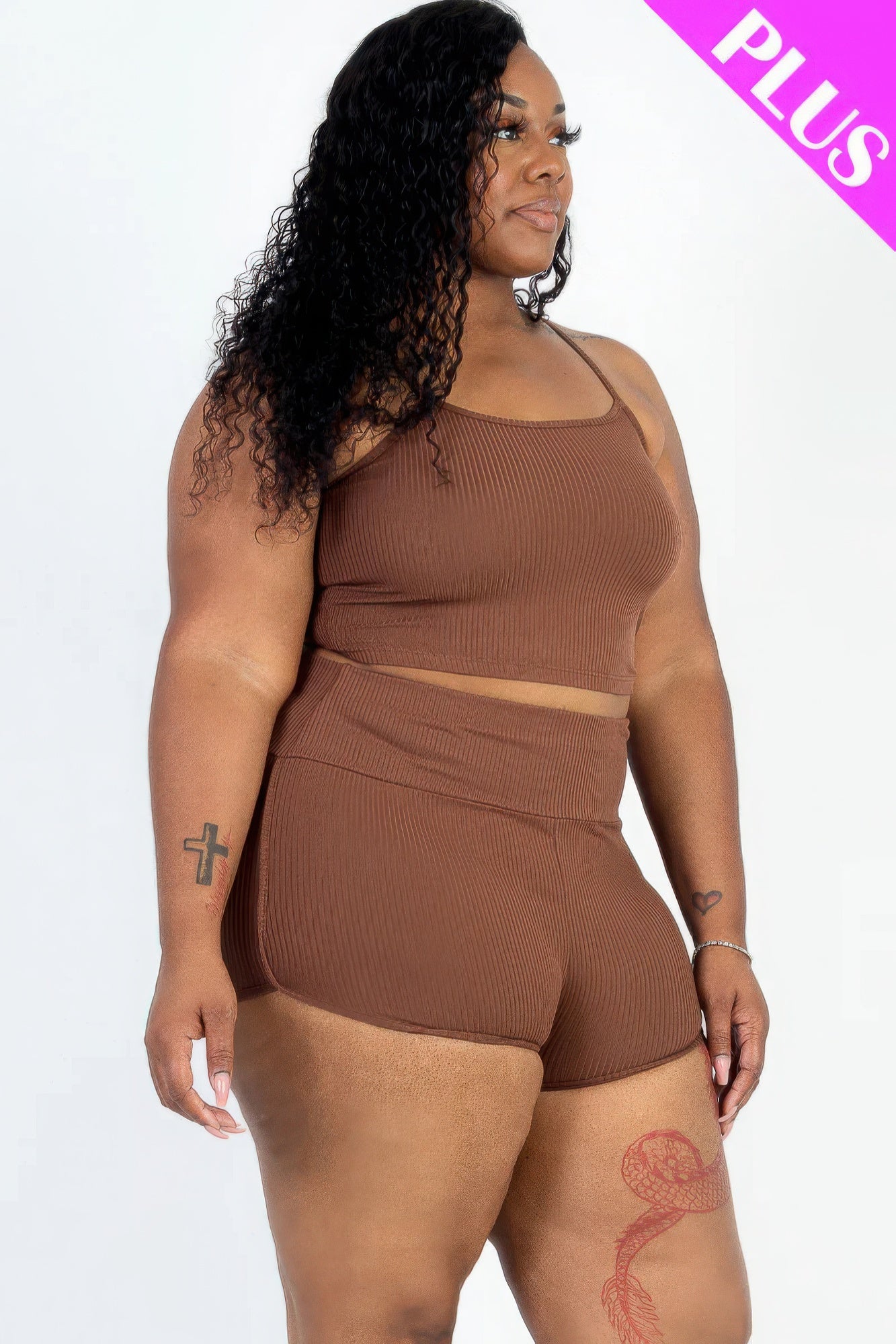 Plus Size Ribbed Crop Top & Ruched Shorts Set