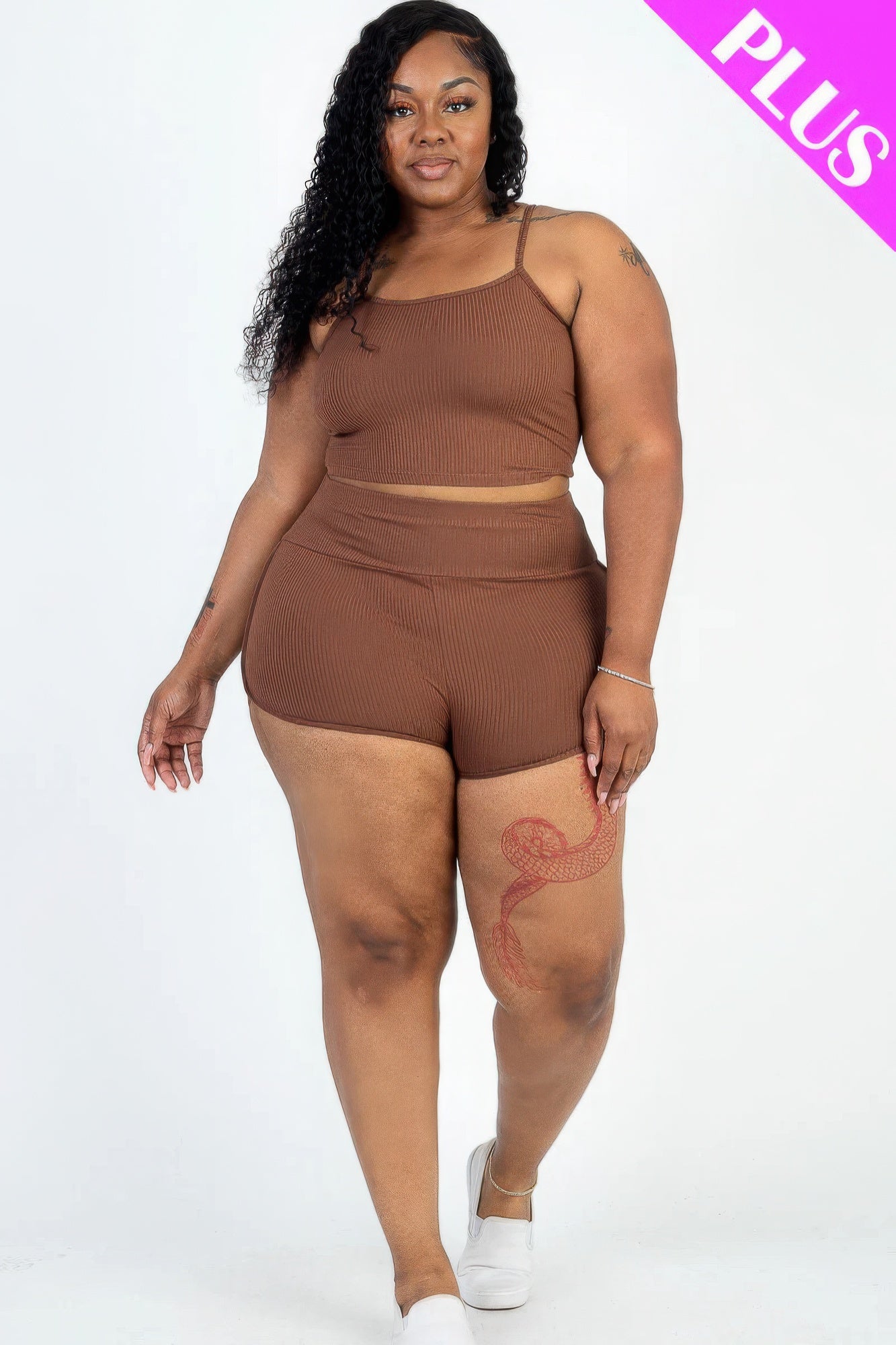 Plus Size Ribbed Crop Top & Ruched Shorts Set