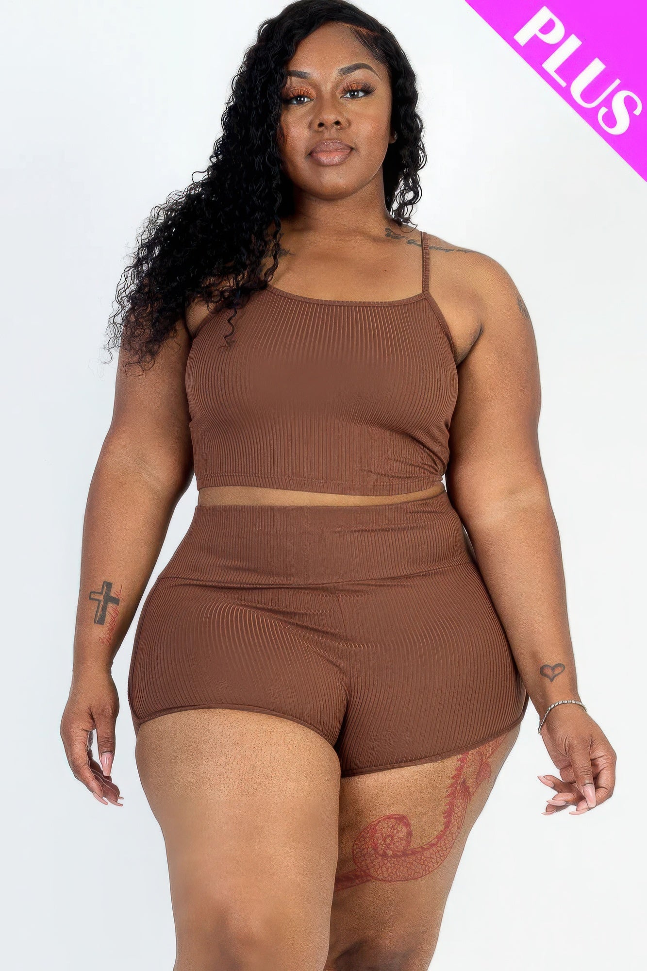 Plus Size Ribbed Crop Top & Ruched Shorts Set