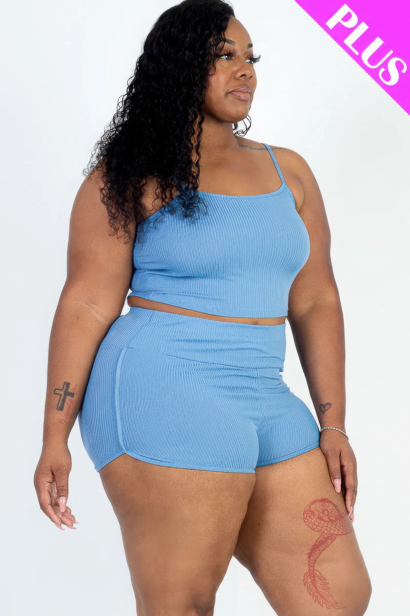 Plus Size Ribbed Crop Top & Ruched Shorts Set