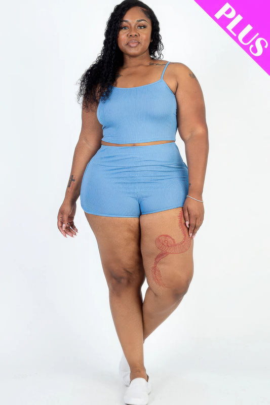 Plus Size Ribbed Crop Top & Ruched Shorts Set