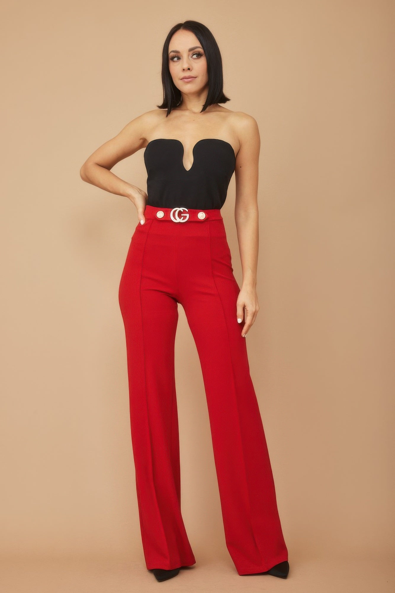 Buckle And Button Detail Pants