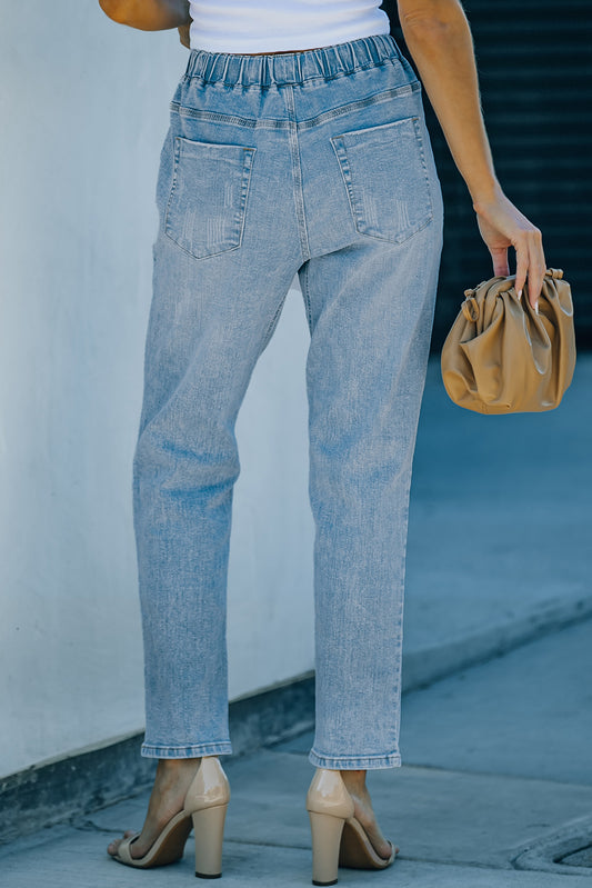 Sky Blue Distressed Pocketed Denim Jogger