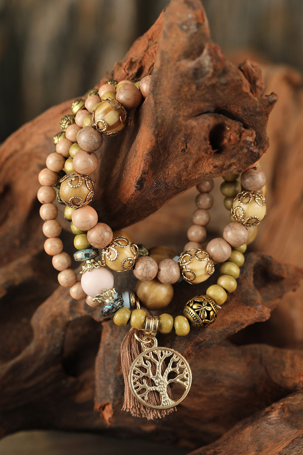 Brown Tree Of Life Charm Wood Beads Bracelet