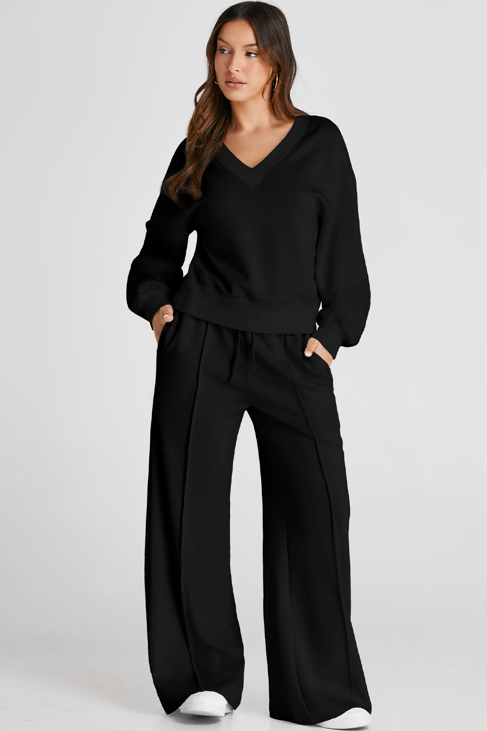 Black V Neck Sweatshirt & Seamed High Waist Pants Set