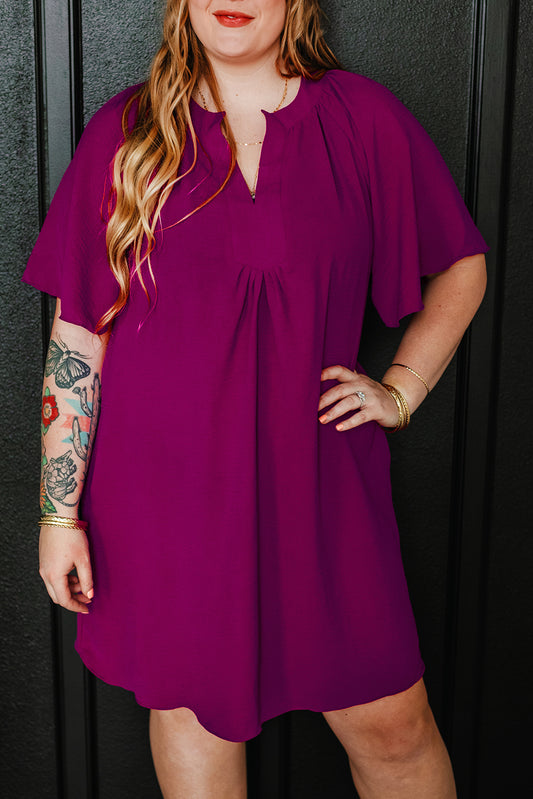 Rose Red Notched Neck Wide Sleeve Pleated Plus Size Dress