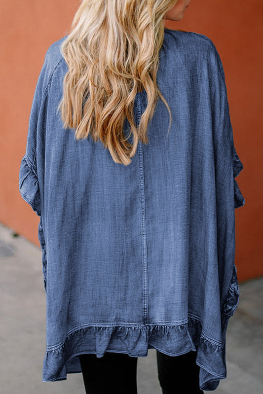 Blue Chambray Ruffle Hem Half Sleeve Kimono