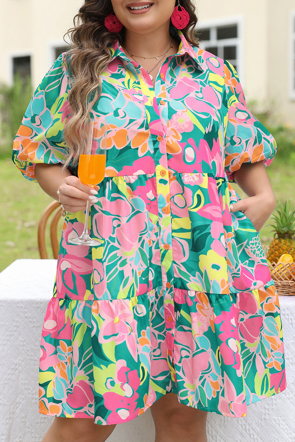 Plus Size Floral Print Tiered Shirt Dress