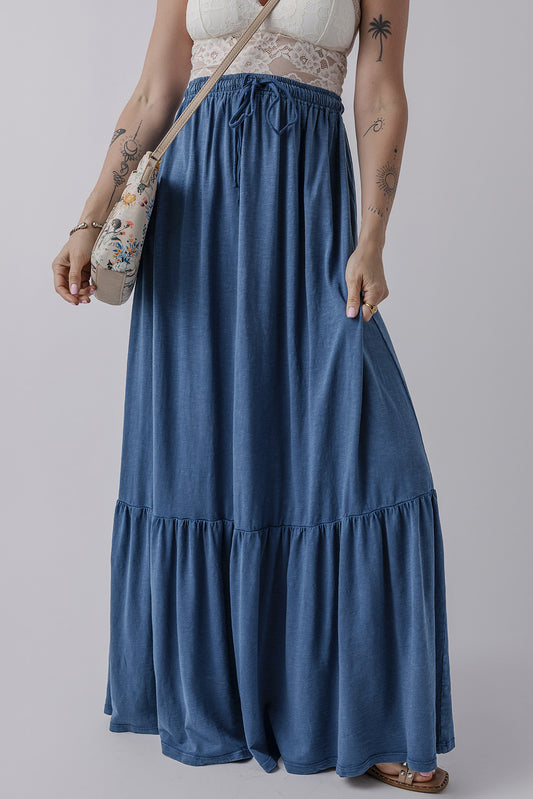 Sail Blue Lace Up High Waist Tiered Maxi Skirt