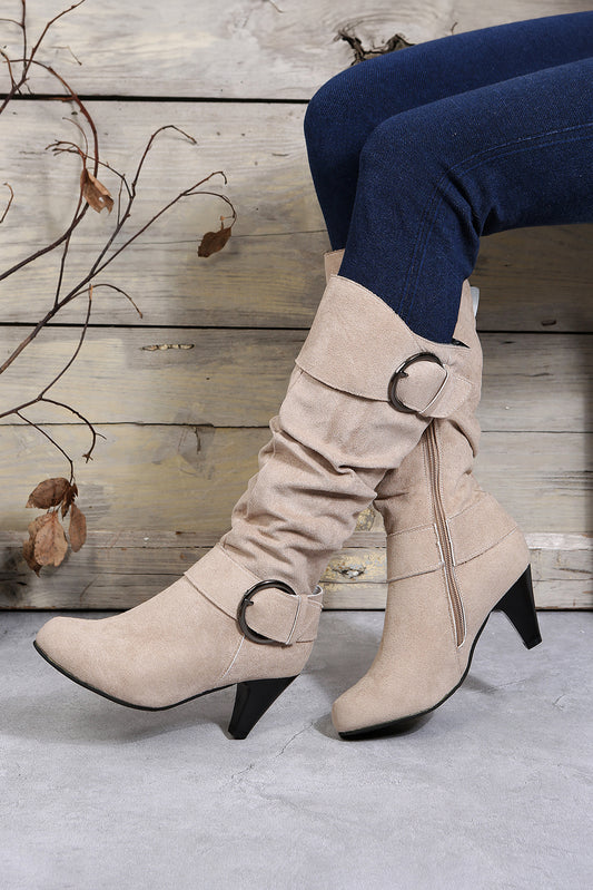 Beige Dual Buckle Strap Side Zip Mid Calf Boots