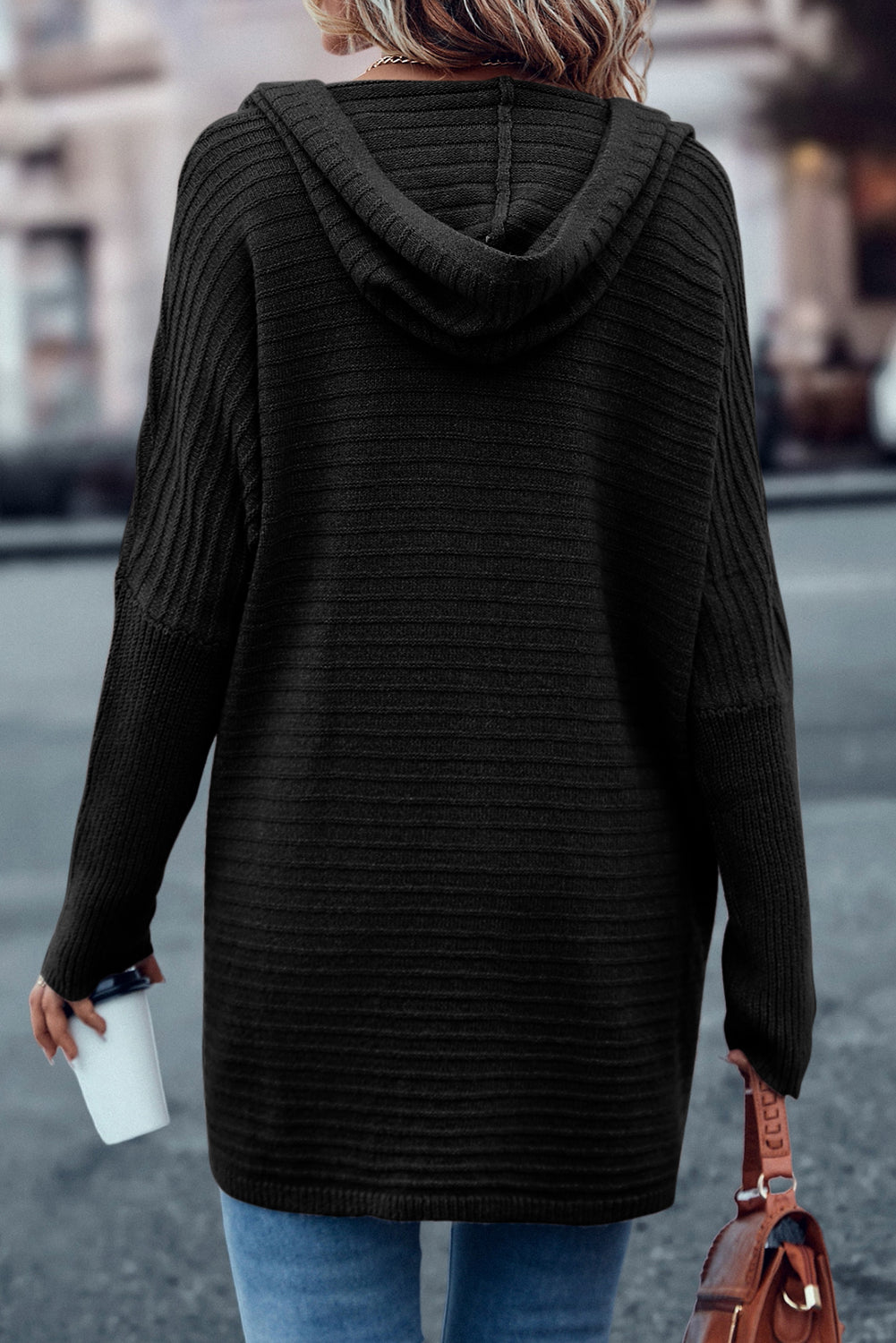 Black Rib Knitted Hooded Cardigan