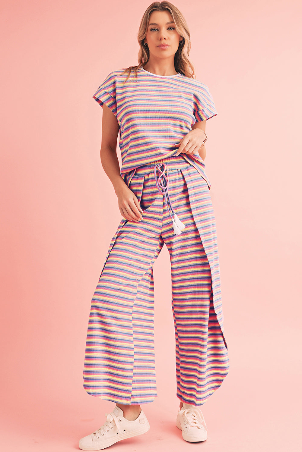 Striped Tassel Tee & Wide Leg Pants Set