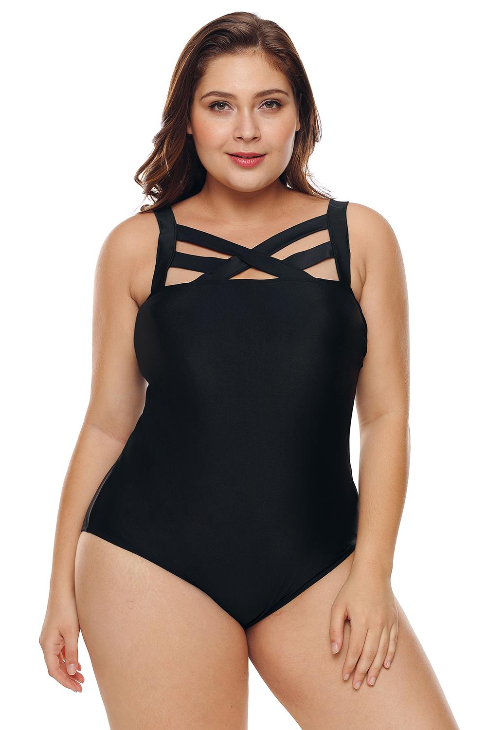 Solid Black Hollow-out Neck Plus Size Maillot Swimwear